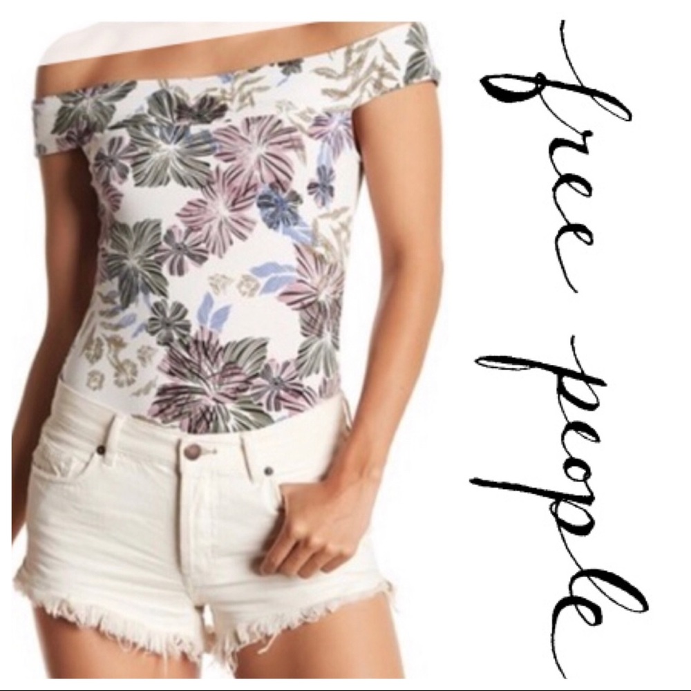 Free People Floral Off-Shoulder Top - White and Purple